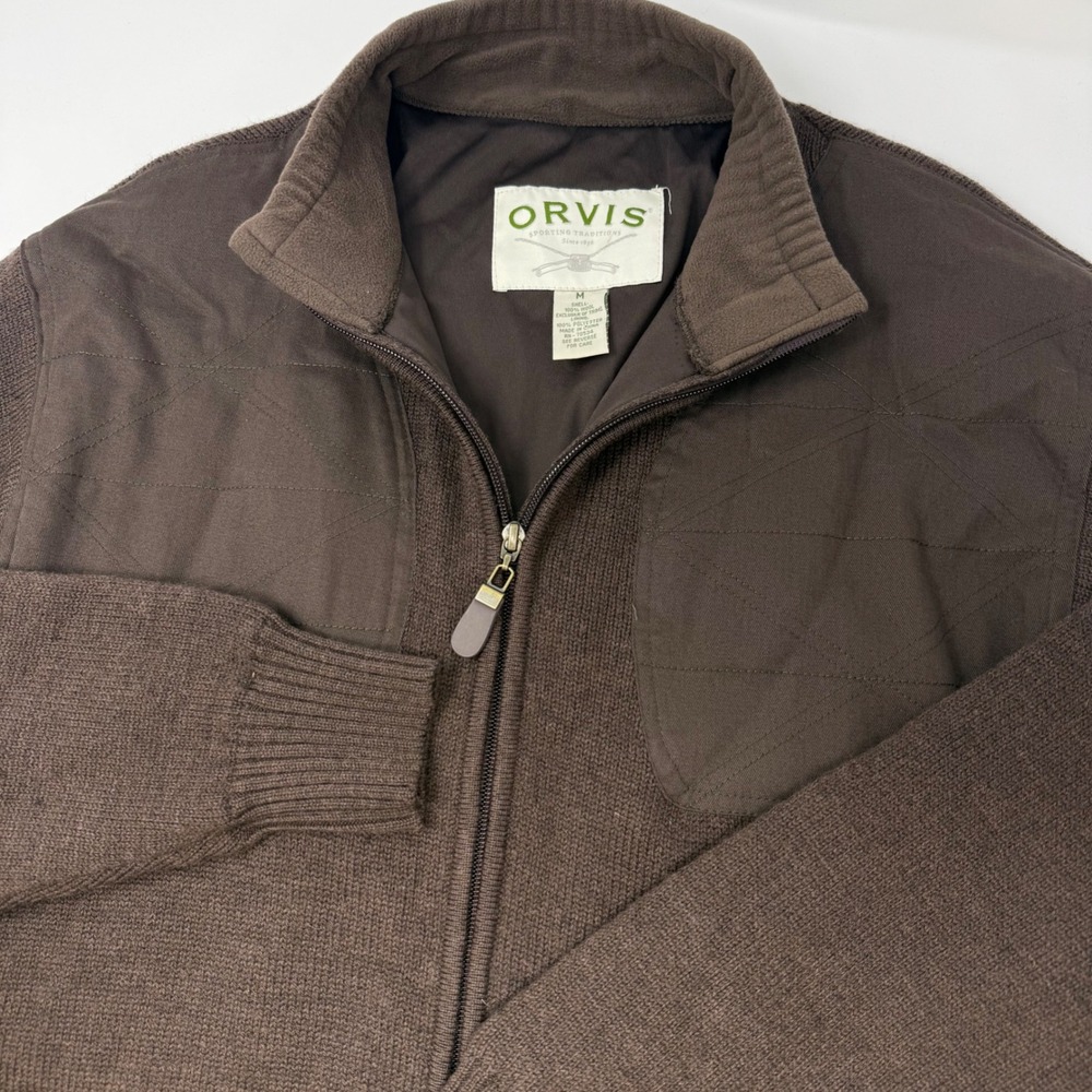 Orvis 100% Wool Mens Medium Foul Weather Sweater Jacket Brown Full Zip Quilted